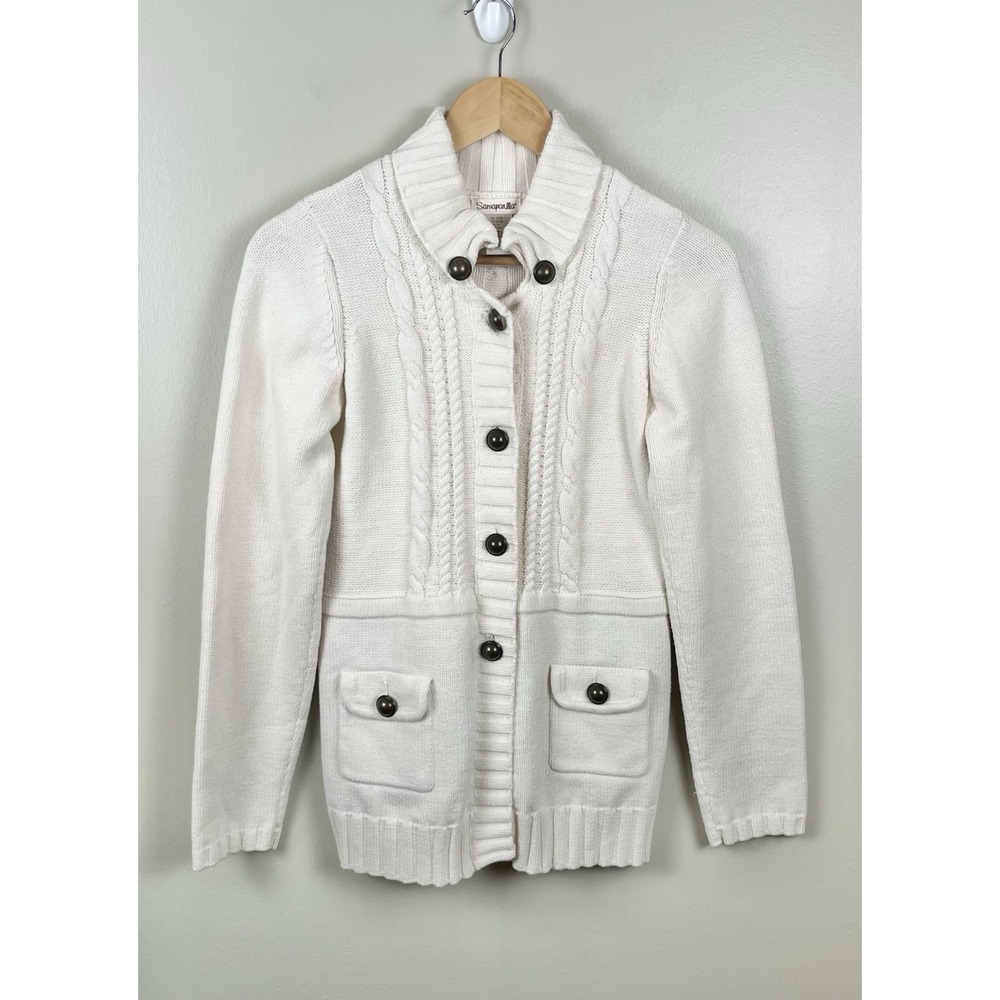 Sarsaparilla Women's Button Front Cardigan Cream Cable Knit Sz L (Fits Small)